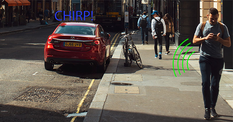 A man using his smartphone to connect to his vehicle and his vehicle responding with a chirp